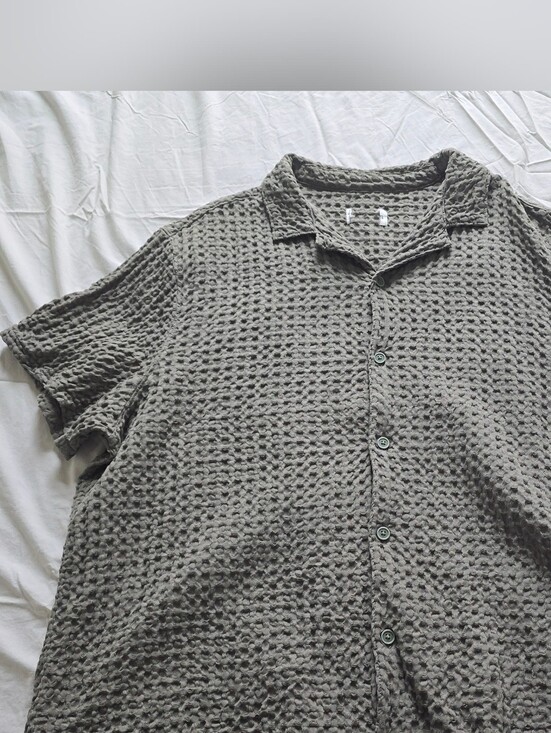 Other - Men's Textured Waffle-Knit Button-Up Shirt — Olive Green